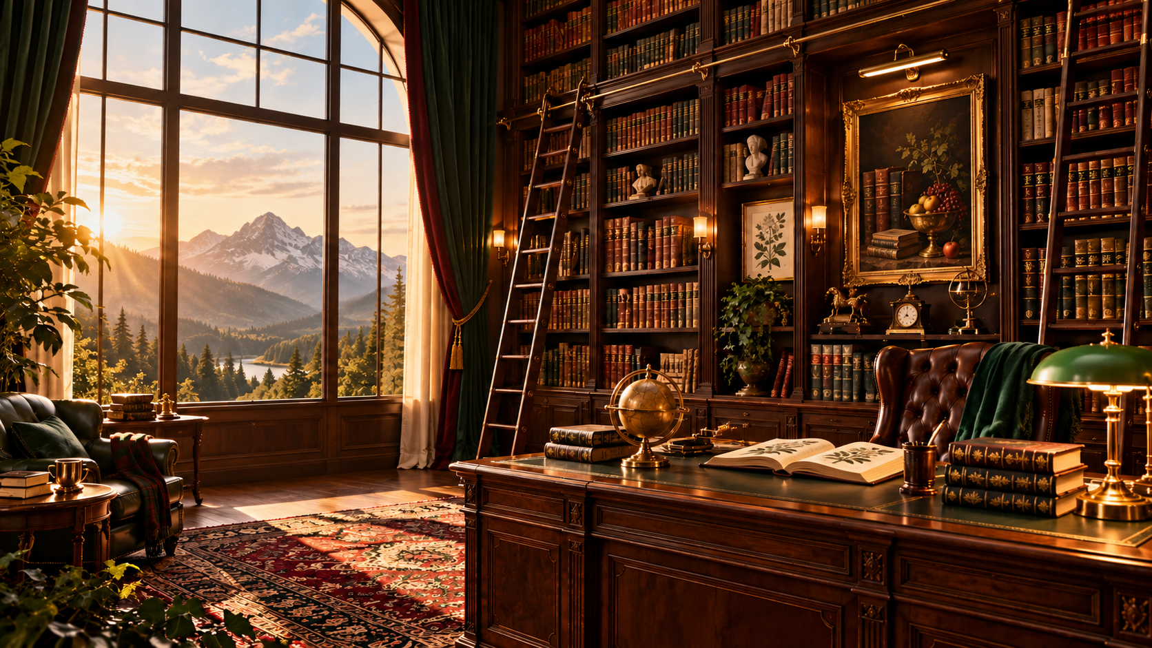 A sunlit library with an inviting wooden desk and mountains beyond the window