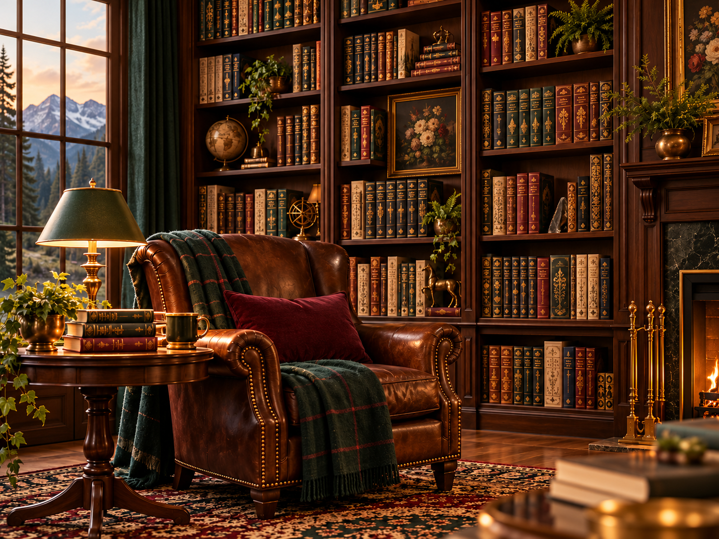 A cozy leather reading chair beside a glowing lamp and fireplace, with mountains beyond the window