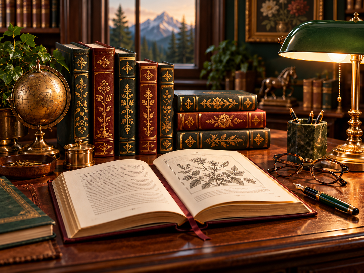 A welcoming study with books and an open volume on a wooden desk